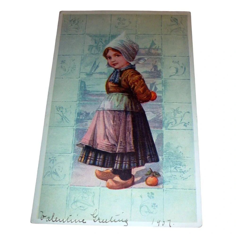 Vintage 1907 Valentine Greeting Postcard Dutch Girl Undivided‎ Back Reading PA